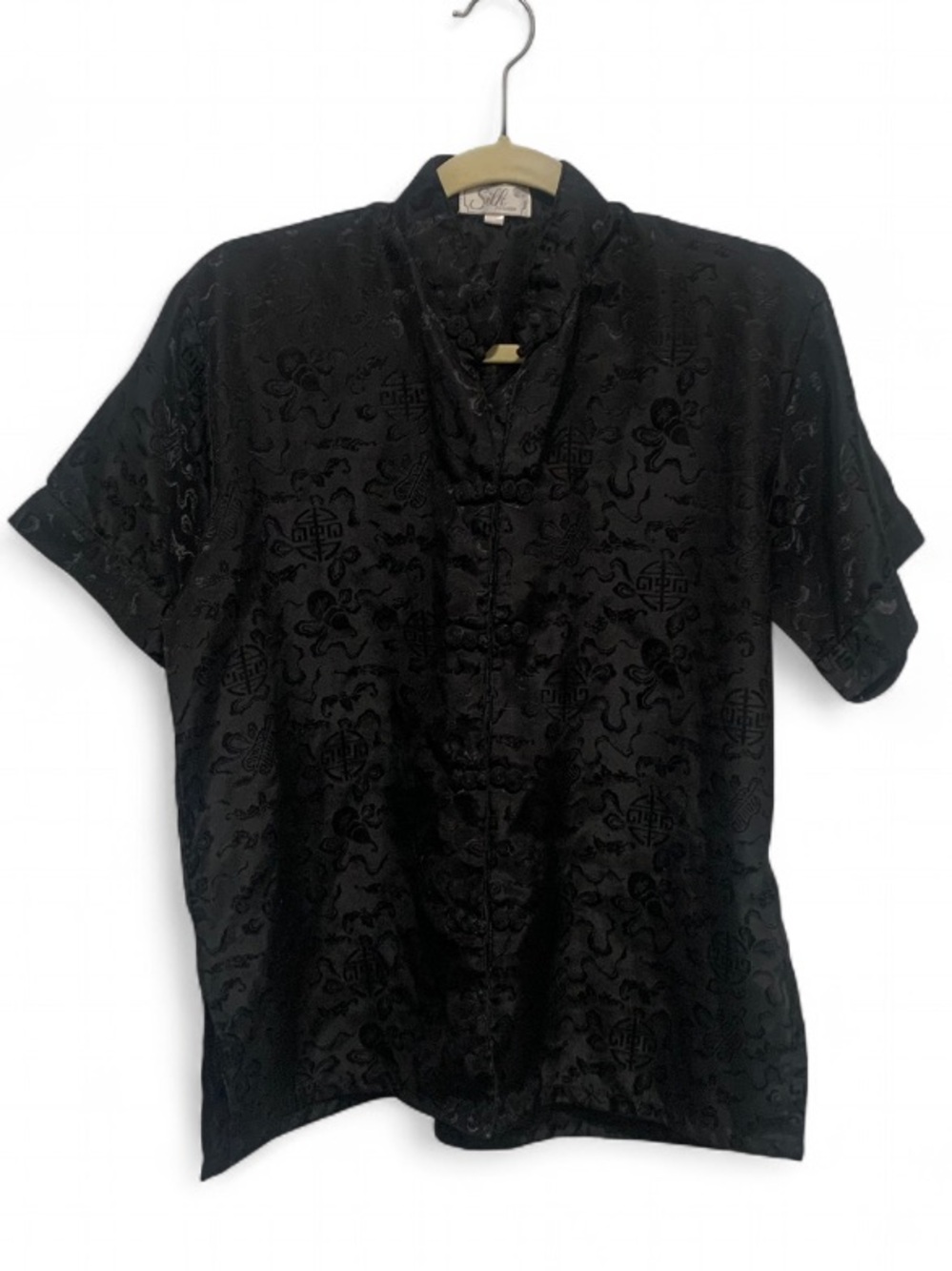 Vintage Black Short-Sleeve Mandarin Collar Shirt